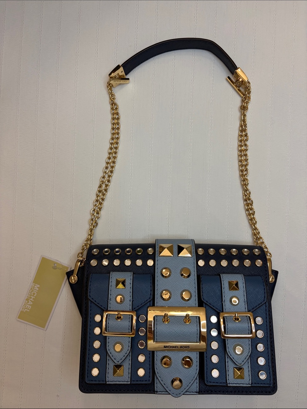 Michael Kors Navy and Light Blue Studded Shoulder Bag with Gold Chain